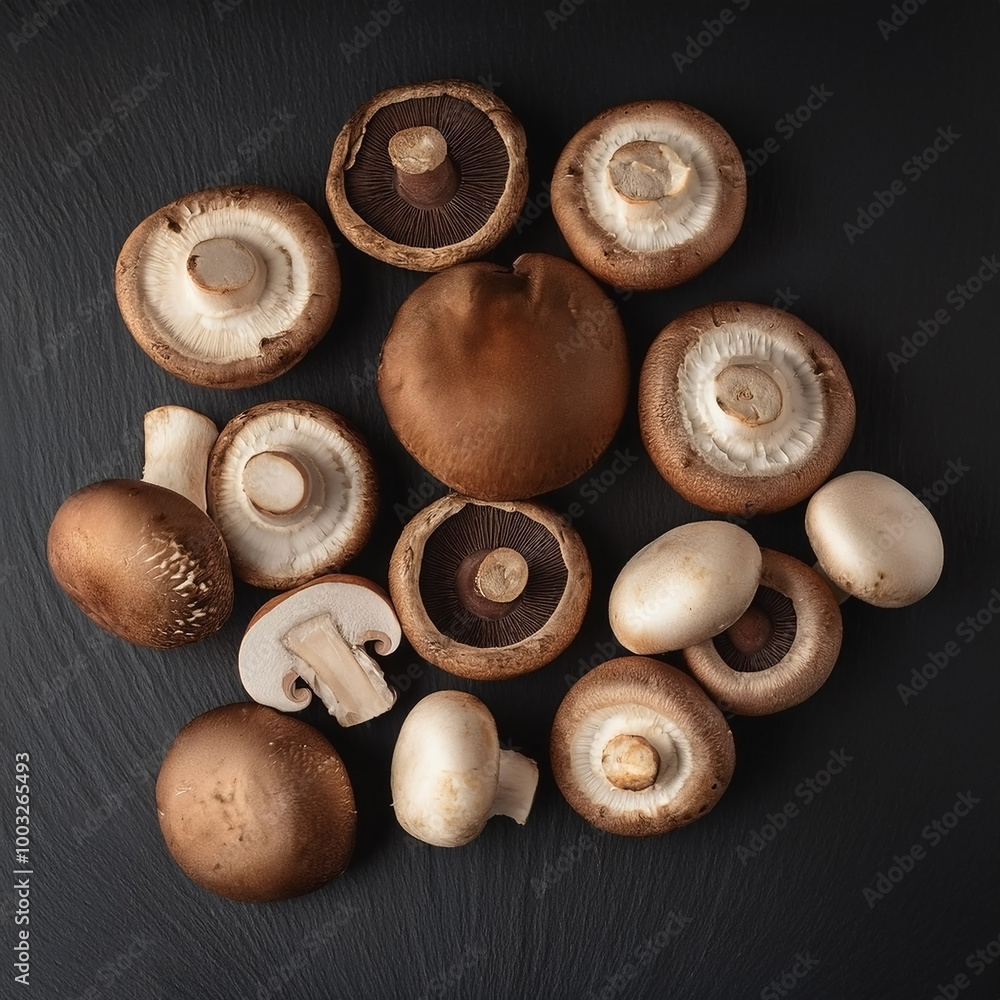 Shiitake and portobello mushrooms lie on a black background Shiitake and portobello mushrooms lie on a black background