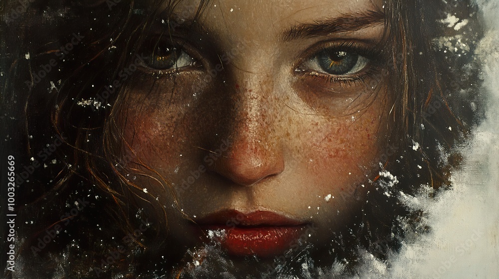 Intense Portrait of a Woman with Freckles and Red Lips Intense Portrait of a Woman with Freckles and Red Lips
