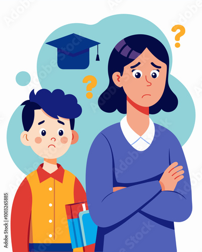 A parent stressing about their childs future education costs unsure if they will be able to save enough.. Vector illustration