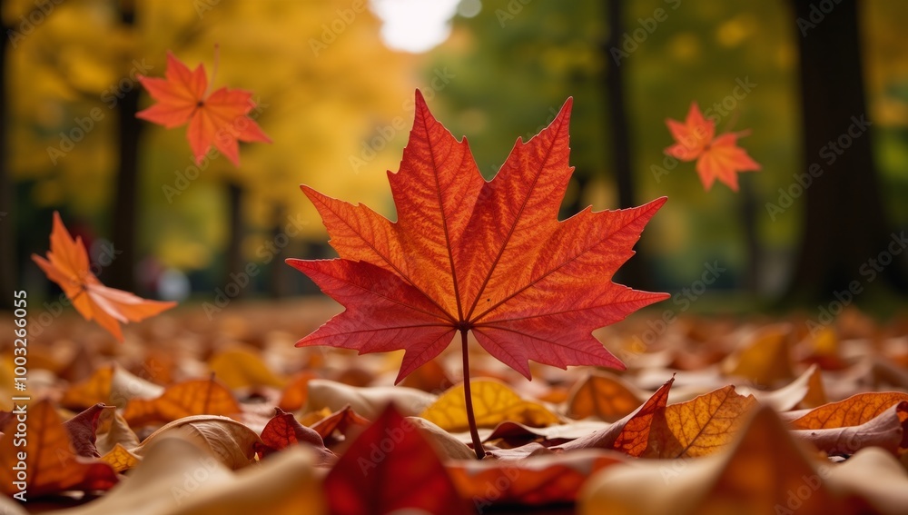 Maples with autumn foliage shedding leaves as backdrop Maples with autumn foliage shedding leaves as backdrop