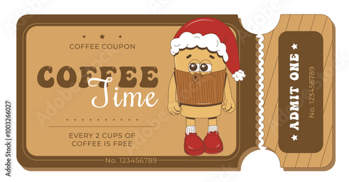 A discount coupon for coffee with a funny Christmas character. The mascot of vintage-style coffee, the groove. Design for a cafe, bar, restaurant. 