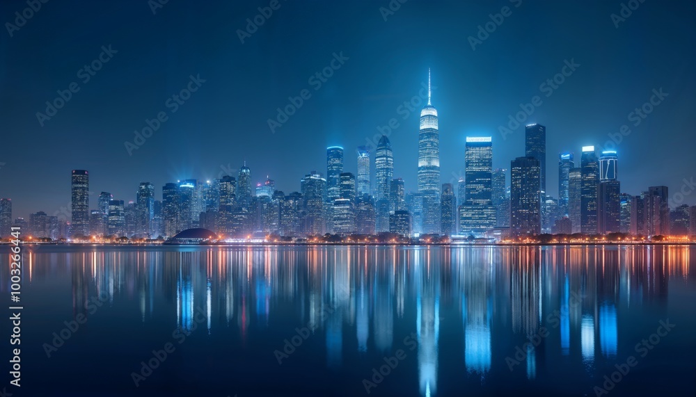 Fototapeta premium Modern skyline with illuminated skyscrapers reflecting off a calm surface in a digital landscape. Premium light background for technology wallpaper.