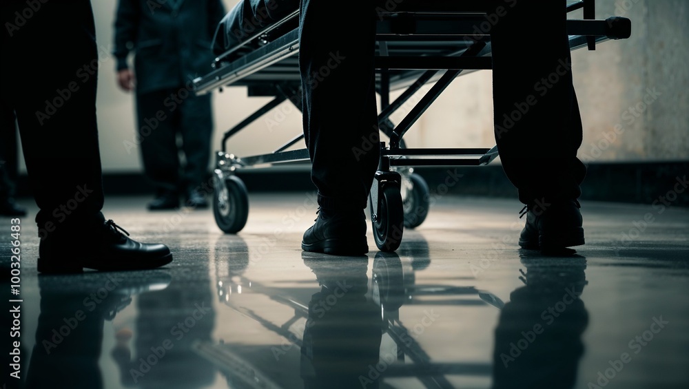 Fototapeta premium dark, moody photograph taken from a low angle, focusing on the lower part of a wheeled cart or stretcher and a person's legs. 