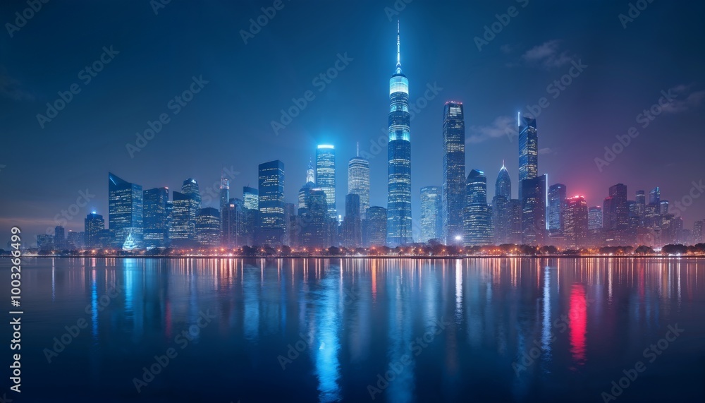 Modern skyline with illuminated skyscrapers reflecting off a calm surface in a digital landscape. Premium light background for technology wallpaper. Modern skyline with illuminated skyscrapers reflecting off a calm surface in a digital landscape. Premium light background for technology wallpaper.