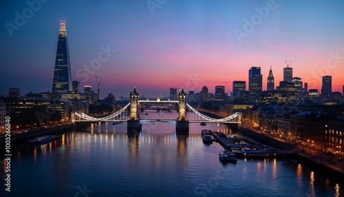 The lit urban skyline with City of London and Tower Bridge just after sunset time with reflections in the river Thames, United Kingdom