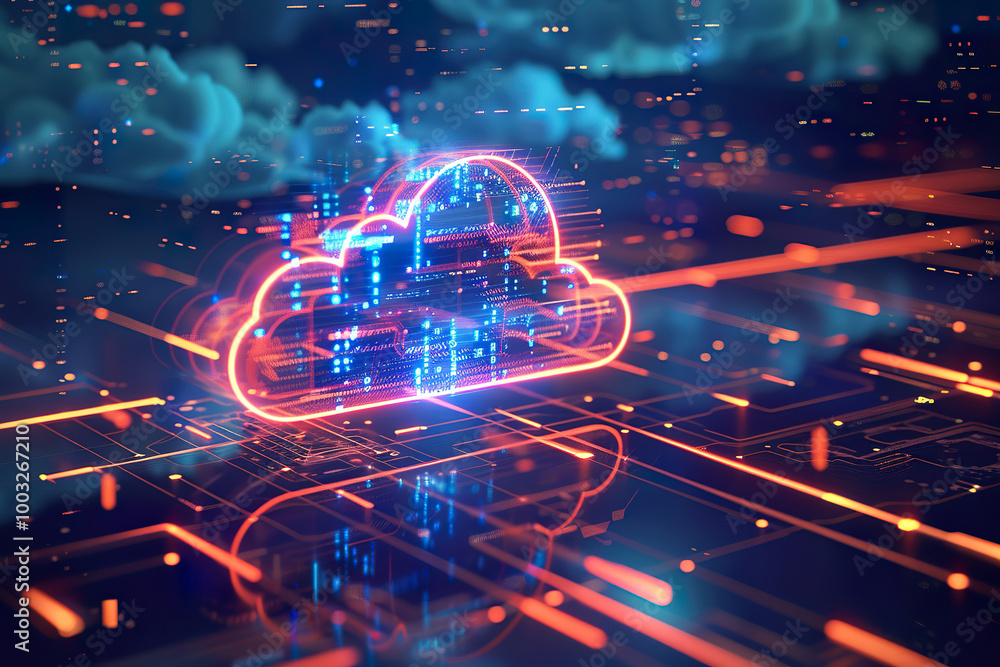 A computer cloud is floating in the sky above a city, generative ai image., A computer cloud is floating in the sky above a city, generative ai image.,