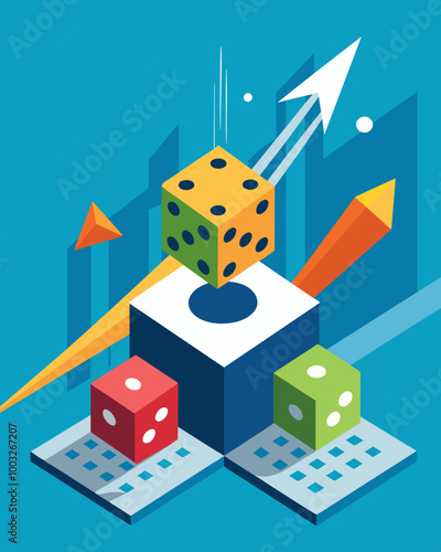 A pair of dice being thrown onto a game board with various investment options symbolizing the gamble of unpredictable market fluctuations.. Vector illustration