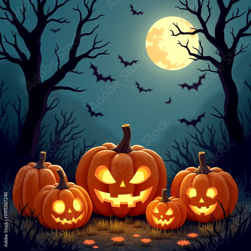 An autumn night with a full moon and a bat flying, illuminated halloween pumpkin