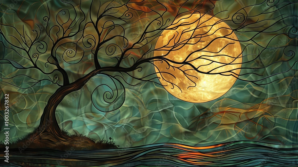 A stunning stained glass artwork featuring a twisting tree silhouette against a glowing a full moon, with fluid branches and vibrant colors evoking natural beauty. A stunning stained glass artwork featuring a twisting tree silhouette against a glowing a full moon, with fluid branches and vibrant colors evoking natural beauty.