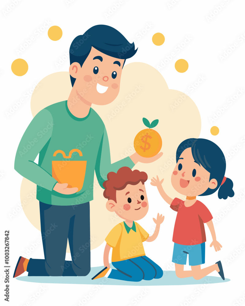 A parent teaching their children the value of saving and budgeting by giving them a set allowance for chores and teaching them to save a portion of it.. Vector illustration A parent teaching their children the value of saving and budgeting by giving them a set allowance for chores and teaching them to save a portion of it.. Vector illustration