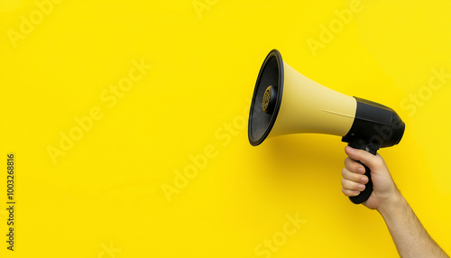 Mão segurando megafone em fundo amarelo para conceito de publicidade photo