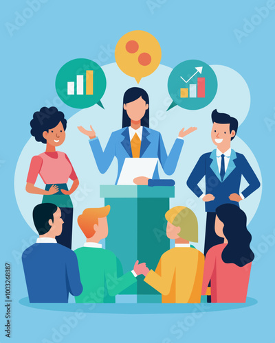 A panel discussion featuring successful businessmen and women sharing their personal stories of financial success and offering tips for achieving financial stability.. Vector illustration