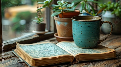 Open Antique Book and Steaming Mug by Window with Succulents, Creating a Cozy Reading Nook