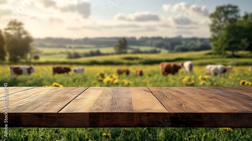 Wooden table top with blurry background of cows grazing in green field.