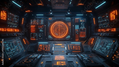 Fototapeta Naklejka Na Ścianę i Meble -  Futuristic spaceship interior with glowing control panels and monitors