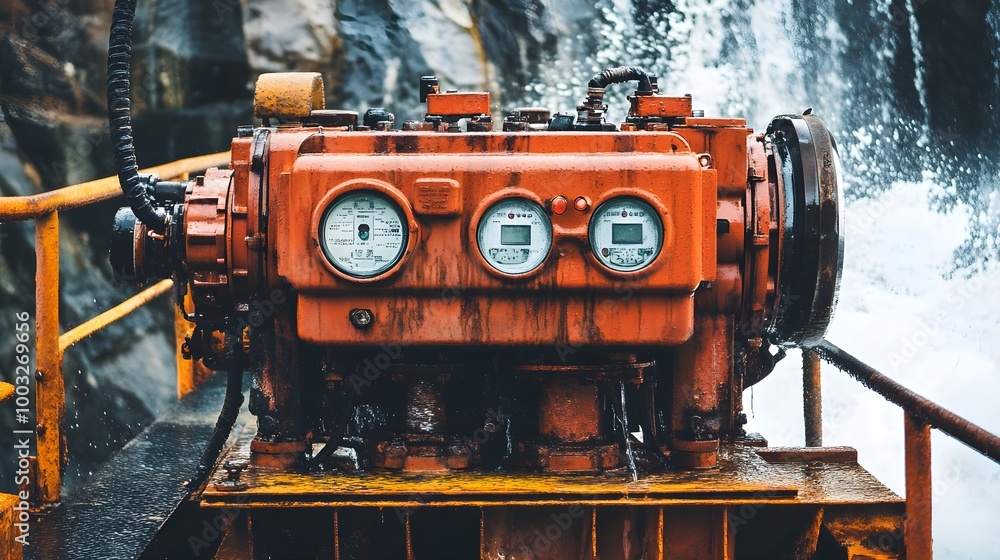 an industrial machine with a rugged, weathered appearance. It is primarily orange in color and features three large, round gauges on its front panel, which likely display various measurements an industrial machine with a rugged, weathered appearance. It is primarily orange in color and features three large, round gauges on its front panel, which likely display various measurements