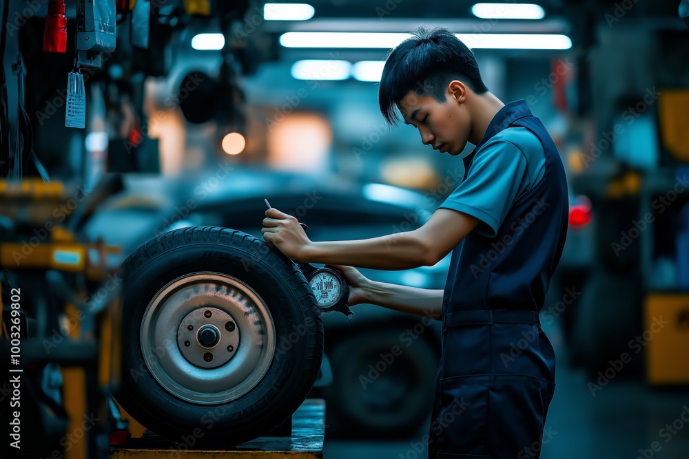 Mechanic checking tire pressure in auto repair shop, professional technician measuring air levels, auto maintenance concept Mechanic checking tire pressure in auto repair shop, professional technician measuring air levels, auto maintenance concept