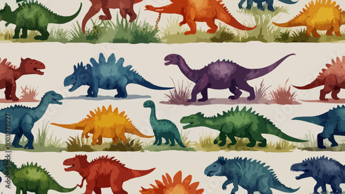 illustration of different types cartoon vector dinosaurs on transparent background or nature.