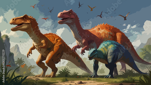 illustration of different types cartoon vector dinosaurs on transparent background or nature.