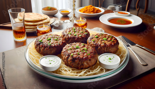 Pakistani Chapli Kabab with naan and other side dishes