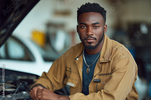 Mechanic, professional, young, working in garage, focused on task, brown coveralls, tools in background, determined expression, automotive repair concept photo