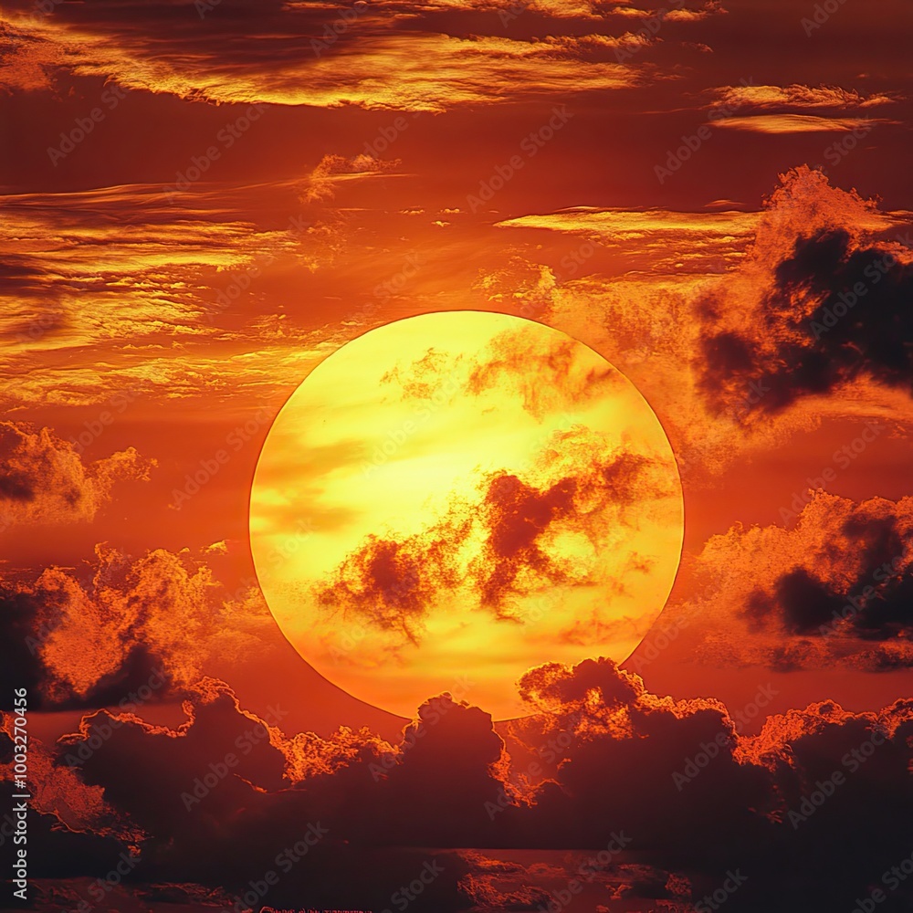 A breathtaking close-up of a vibrant sunset featuring a glowing orange sun surrounded by dark clouds, creating a dramatic and intense sky scene.
A breathtaking close-up of a vibrant sunset featuring a glowing orange sun surrounded by dark clouds, creating a dramatic and intense sky scene.