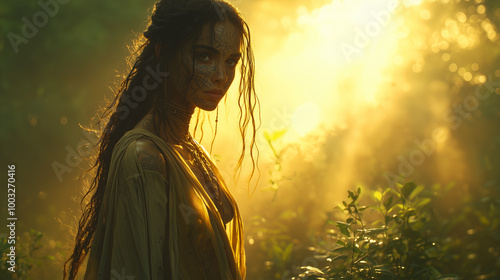 human druid with intricate tattoos stands in a sunlit forest, her eyes telling tales of nature's secrets