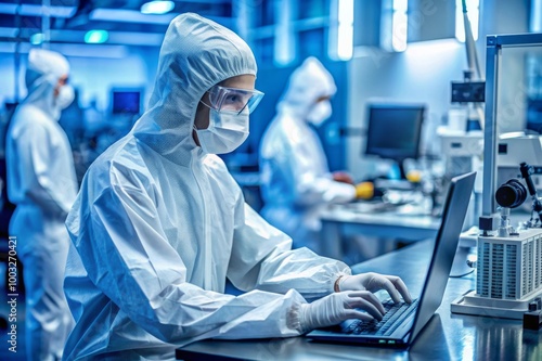 Scientist in Protective Gear Researching on Computer in Modern Semiconductor and Pharmaceutical Laboratory