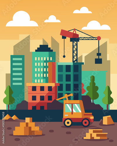 A once bustling construction site now stands still with halffinished buildings and idle machinery reflecting the sharp decline in the real estate market.. Vector illustration