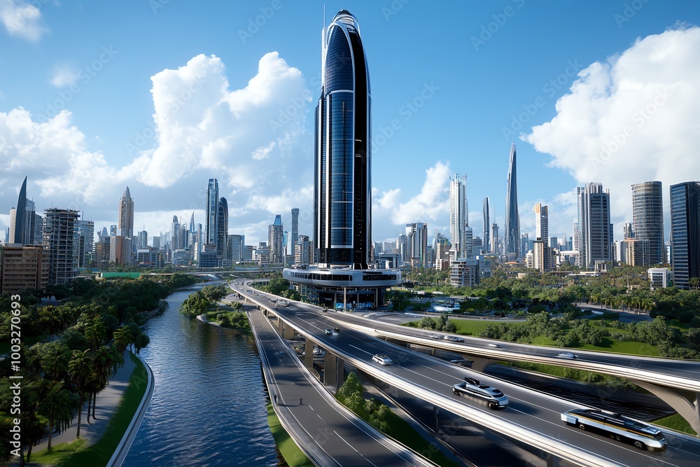 Fototapeta premium 3D-rendered urban skyline, with futuristic skyscrapers, bridges, and roads fully modeled in a dynamic, digital environment
