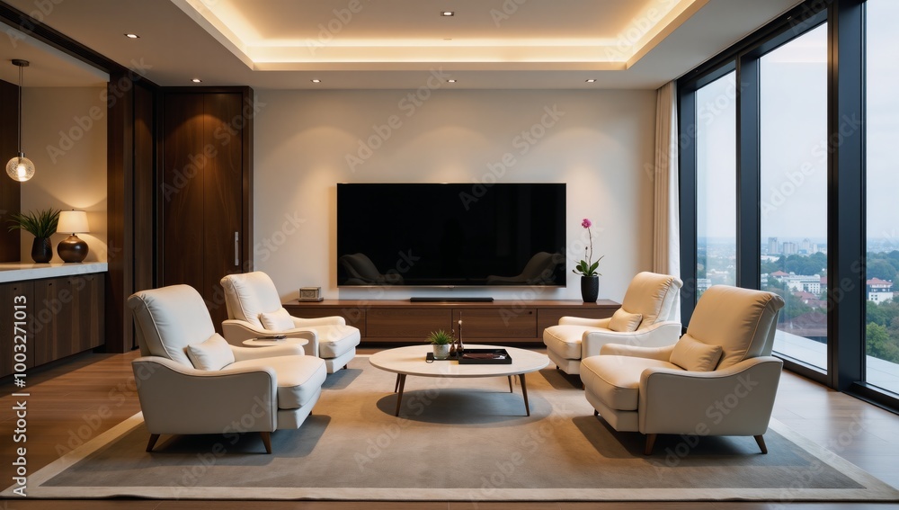 Fototapeta premium Stylized living room scene featuring an armchair setup around a TV screen with a scenic view through a panoramic window