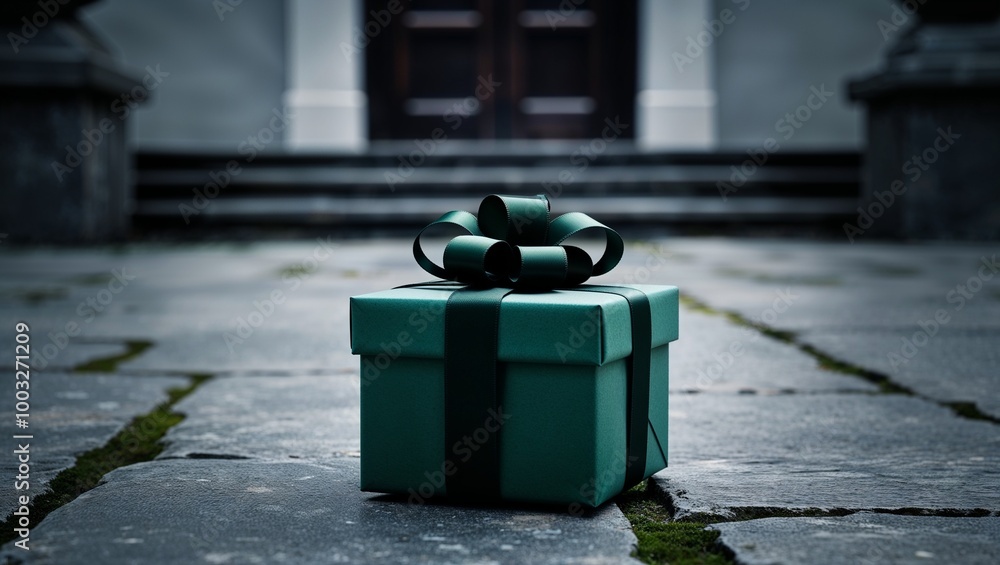 Naklejka premium cinematic, dark-toned scene featuring a single, small, green gift box placed on a stone-paved ground.