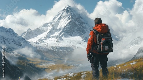 Majestic Mountain Peak: Hiker Contemplates the View