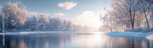 Frozen Lake with Cracks and Snow-Covered Pine Trees in a Winter Landscape