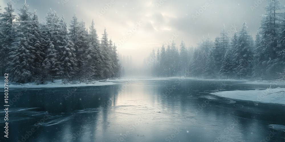 Frozen Lake with Cracks and Snow-Covered Pine Trees in a Winter Landscape Frozen Lake with Cracks and Snow-Covered Pine Trees in a Winter Landscape