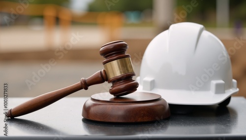 A judges gavel and a workers helmet side-by-side signify fair labor laws and workers rights photo