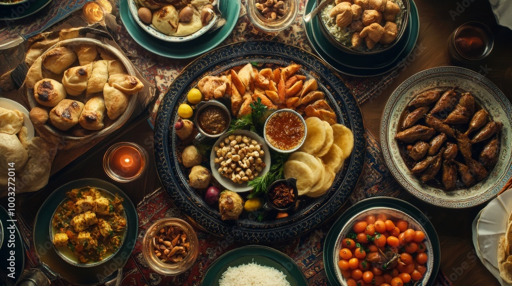 A table is set with a variety of dishes for a festive meal. A table is set with a variety of dishes for a festive meal.