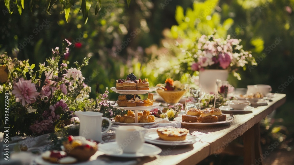 A table set for a tea party in a garden with pastries, cakes and flowers. A table set for a tea party in a garden with pastries, cakes and flowers.