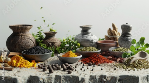 Assorted Whole Spices and Seeds Spread on Rustic Kitchenware