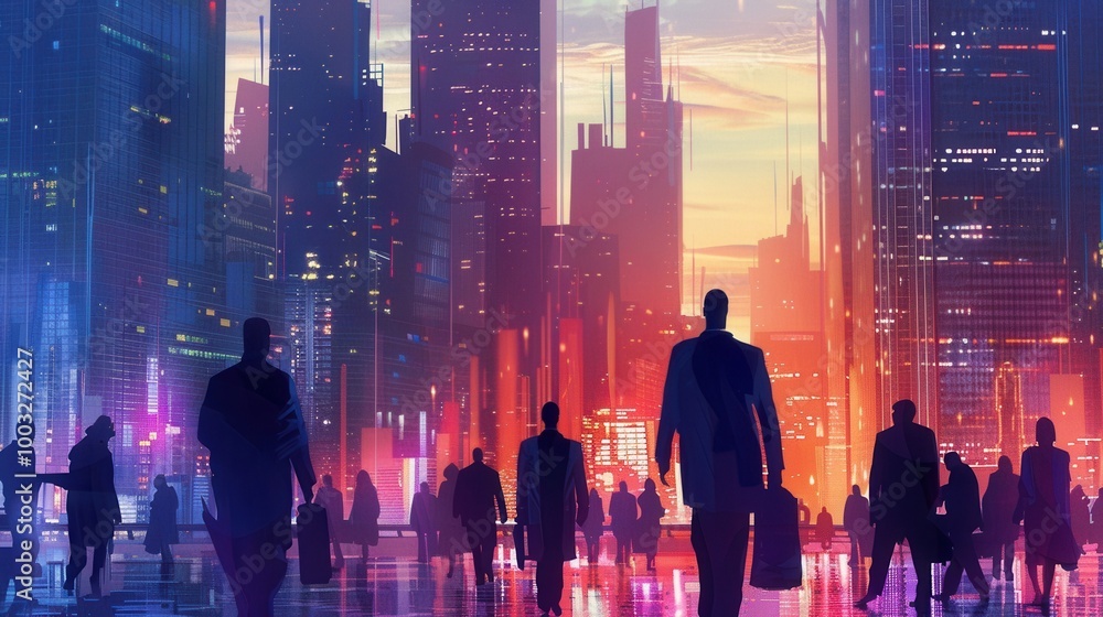 Bustling City Skyline at Dusk with Silhouetted Executives Bustling City Skyline at Dusk with Silhouetted Executives