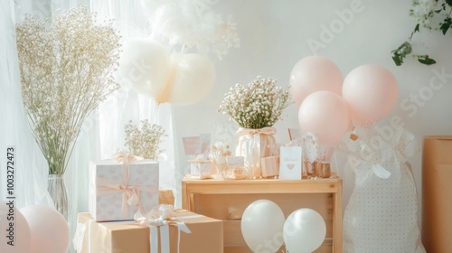 Obraz na płótnie A table with gifts, balloons, and flowers for a party. w salonie