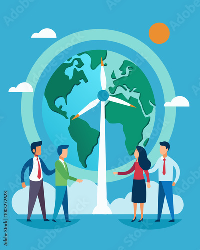 A multinational company forms a partnership with a wind energy developer securing a reliable and costeffective source of electricity for their global operations.. Vector illustration