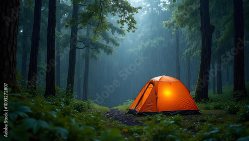 Camping in the Forest During a Rainy Day A Tent Under a Canopy of Trees