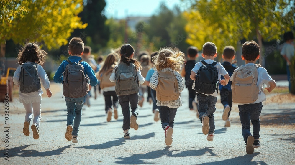 A group of children are running down a street, some of them wearing backpacks A group of children are running down a street, some of them wearing backpacks