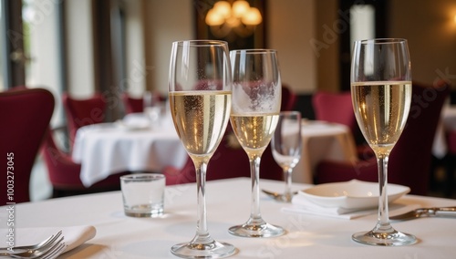 A champagnewhite-wine laden table at a restaurant