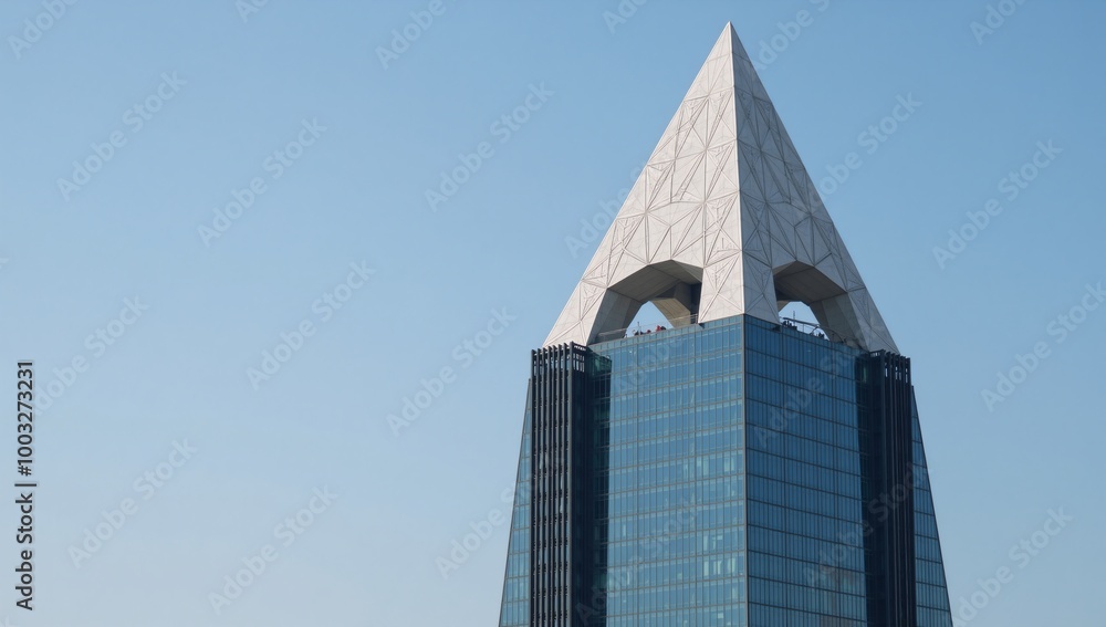 A neo-futurist glass steel tower showcases a creative white triangular geometric dome in a striking futuristic architectural design Photo A neo-futurist glass steel tower showcases a creative white triangular geometric dome in a striking futuristic architectural design Photo