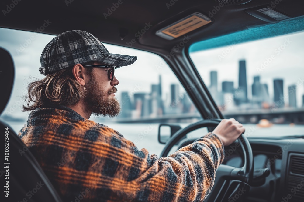 Urban taxi driver in plaid shirt, cruising through city streets, focused with determination, urban transport concept Urban taxi driver in plaid shirt, cruising through city streets, focused with determination, urban transport concept