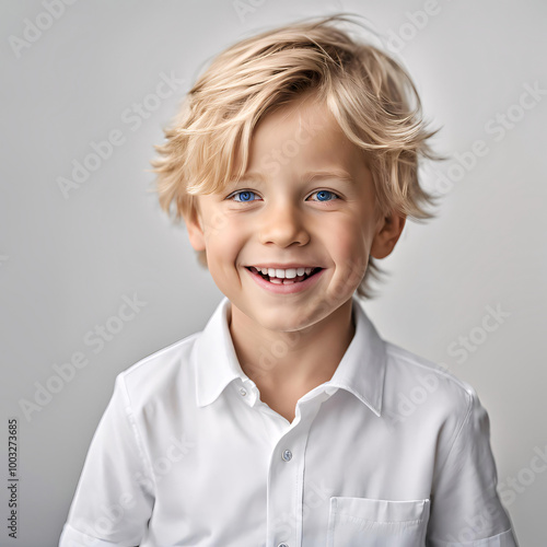 Smiling Blonde Child with Blue Eyes in White shirt photo