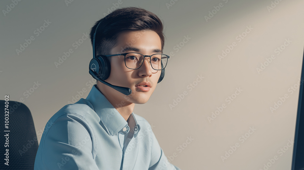 Call center agent focused on computer screen, wearing headset, working in office environment, assisting customers, call center concept Call center agent focused on computer screen, wearing headset, working in office environment, assisting customers, call center concept