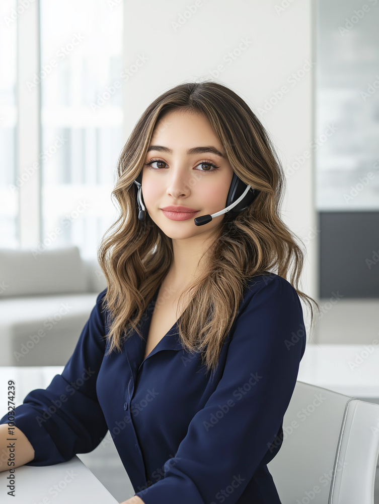 Friendly female call center representative, headset, working, in office, professional customer support concept Friendly female call center representative, headset, working, in office, professional customer support concept